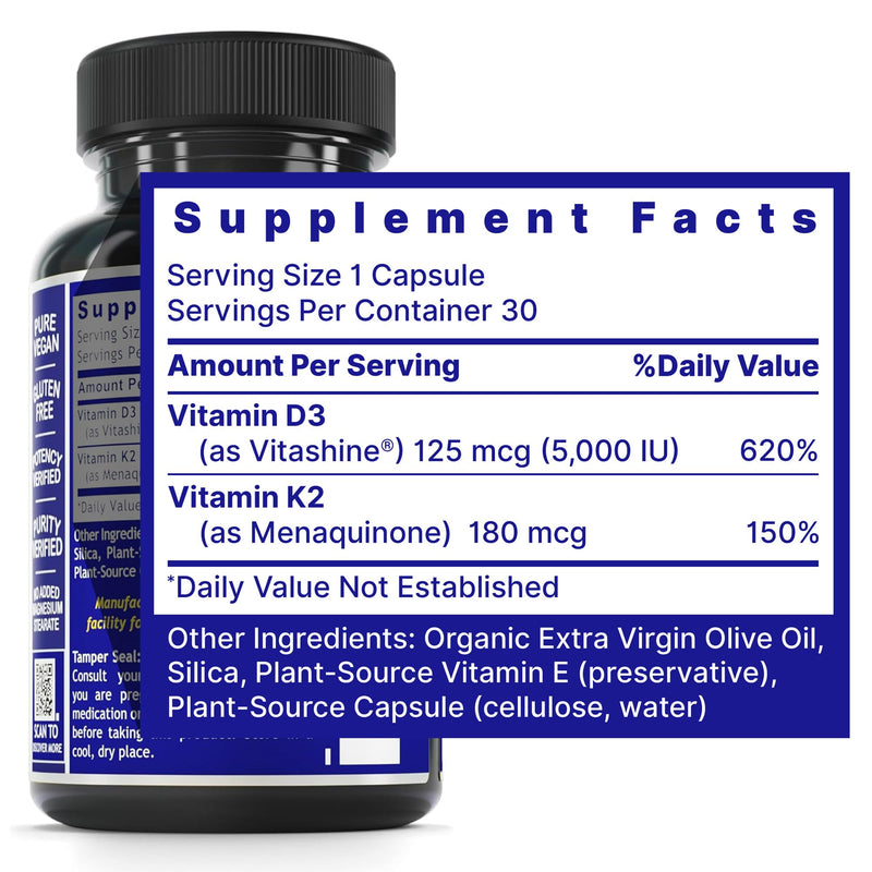 Quantum Nutrition Labs Vitamin D3 and K2 Supplement - Bone & Heart Health Support for Women & Men, 5000 IU, Vegan Vitamins, Allows Calcium Absorption, Gluten-Free - 30 Plant Based Capsules