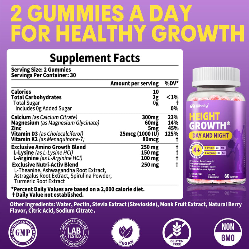 Height Growth Gummies for Kids & Teens - Natural Vitamin Growth Supplement | Plus Calcium, D3K2, Magnesium, Zinc, L-Arginine - Healthy Bone & Immune Multivitamin for Teen Boys Girls in Growing - 60 Chew