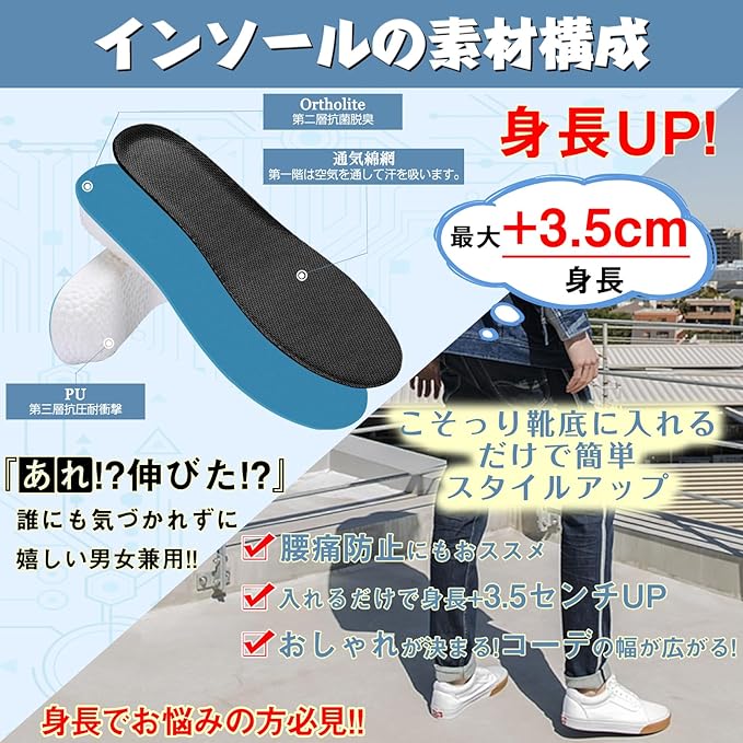 Kozzim Secret Insole, Shock Absorbing, Height Up, 3 Sizes to Choose from [0.6 / 1.0 / 1.0 / 1.4 / 1.4 inches (1.5 / 2.5 / 3.5 cm) -  Australia