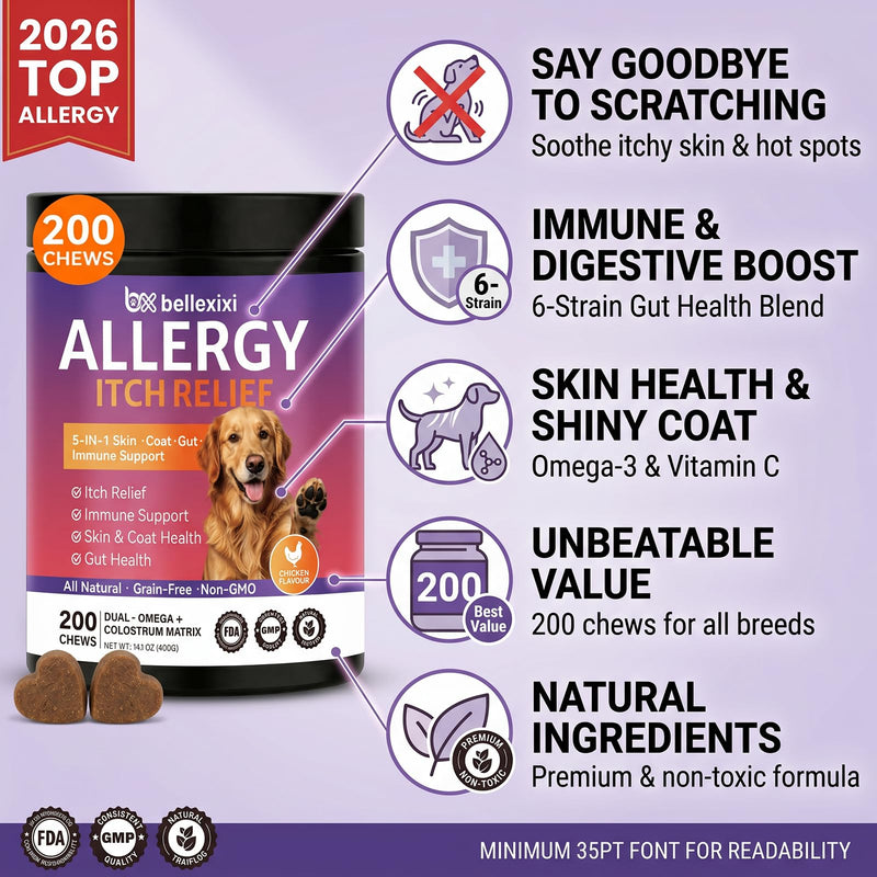 Dog Allergy Chews 200ct - Seasonal Allergy & Itching Skin Relief for Dogs - Soft Chews with Colostrum, Probiotics & Omega 3 for Licking Paws, Hot Spots & Immune Support - Chicken Flavor (14.1 OZ) 200 Chews