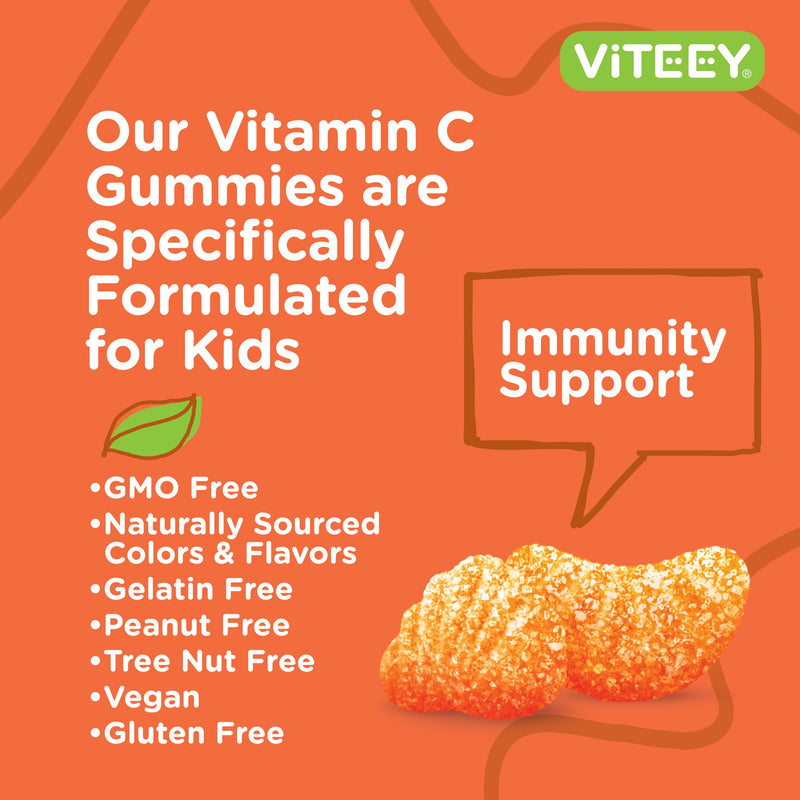 Viteey Kids Vitamin C Gummies - Tasty Chewable Orange Flavored | Immune Support for Kids, Toddlers, & Teens - Vegan, Gelatin Free, Gluten Free, GMO Free Immunity Gummy-120 Count 120 Count (Pack of 1)