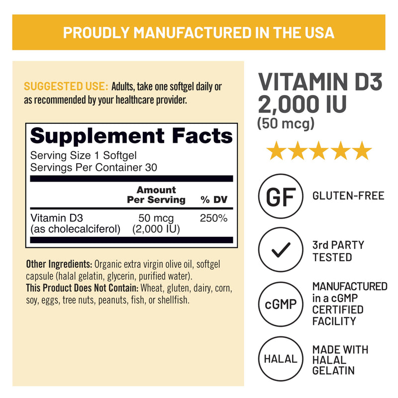 NatureWise Vitamin D3 2000IU Supplement, Bone & Immune Health, 30 Softgels | Vitamin D 50 mcg - Organic Extra Virgin Olive Oil - Muscle & Bone Support - Gluten Free & USA Manufactured - 200-Day Supply 30 Count (Pack of 1) 2000 IU