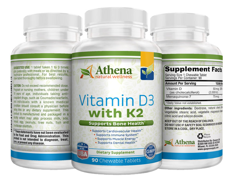 Athena - Vitamin D3 2000IU with K2 (MK7) - 90 Chewable Tablets - Supports Immune System - Muscle Energy - Strong Bones - Healthy Dental