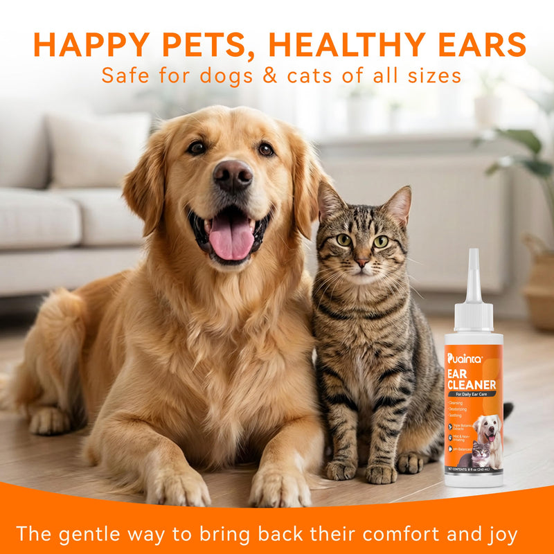 PUAINTA Dog Ear Cleaner Solution - Alcohol-Free Ear Wash with Quantum Silver & Witch Hazel - Soothes Itch, Removes Wax & Odor - Gentle Daily Flush for Dogs & Cats (8 oz) 8oz