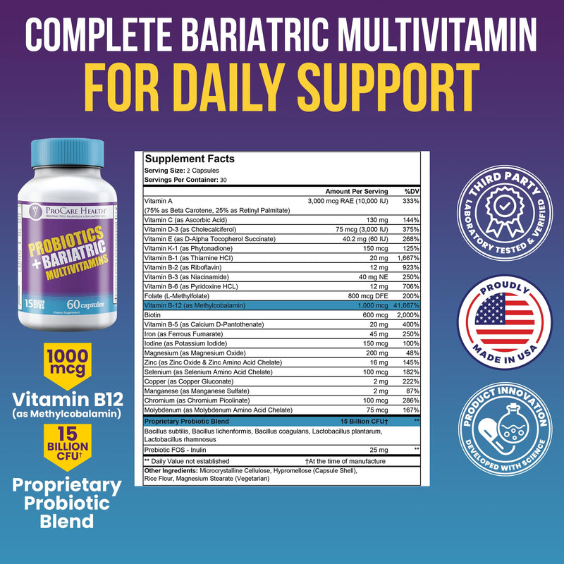 Core-45 + Probiotics Bariatric Multivitamin | Capsule | 60 Ct | 15 Billion CFU Bariatric Probiotic Fast Dissolving Veggie Capsules to Support Gut and Immune Health for Bariatric Patients