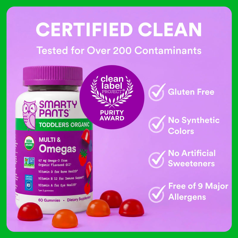 SmartyPants Toddler Organic Multi & Omegas Multivitamin Gummies with Omega 3 ALA, Vitamins D3, C, B12, B6, A, K, Zinc, Biotin, Clean Label, Mixed Berry and Cherry Flavors, 60 Gummies (30 Day Supply) 60 Count (Pack of 1) Organic + Omega