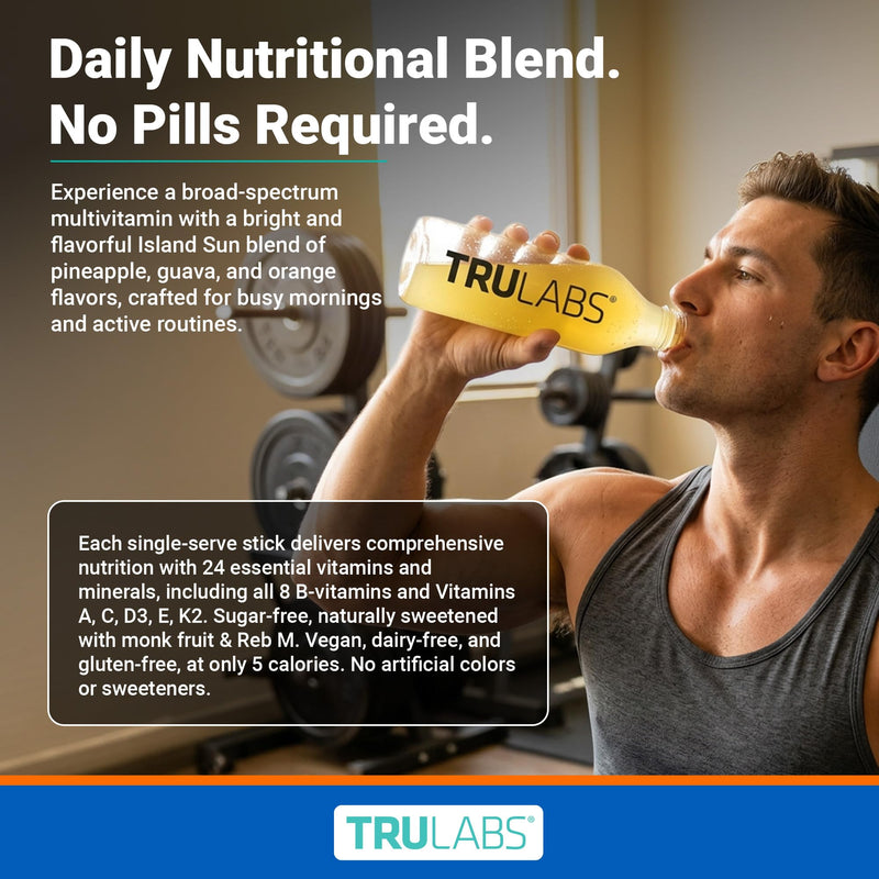 TRULABS Multivitamin Drink Mix – Island Sun Flavor with 24 Vitamins & Minerals, 8 B Vitamins, A, C, D3, E, K2, Sugar Free with Monk Fruit, Dairy Gluten Soy Free, Vegan (16 Stick Packs)