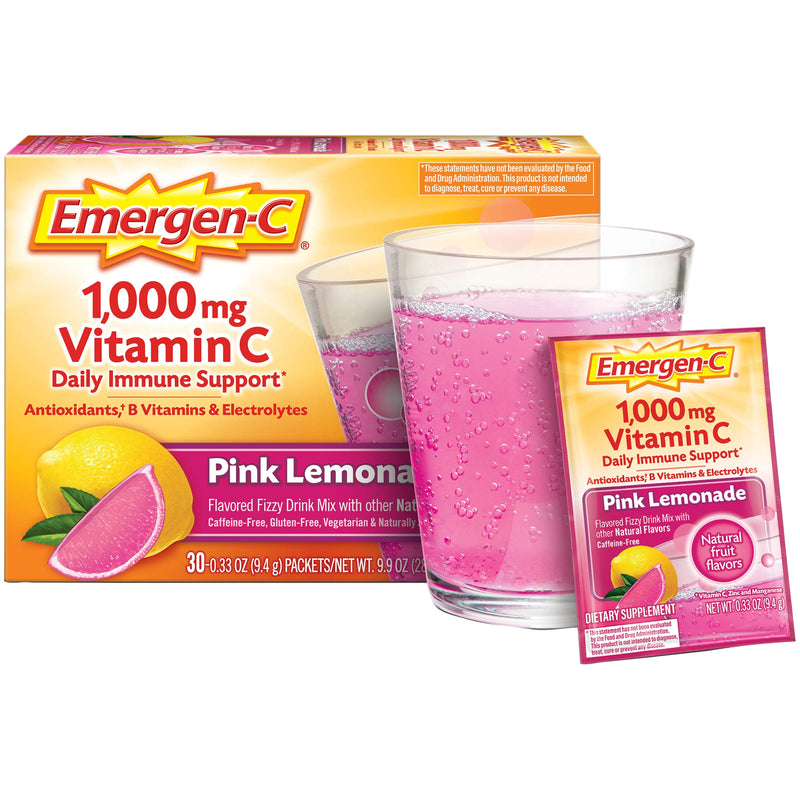 Emergen-C 1000mg Vitamin C Powder, with Antioxidants, B Vitamins and Electrolytes, Immunity Supplements for Immune Support, Caffeine Free Fizzy Drink Mix, Pink Lemonade Flavor - 30 Count - BeesActive Australia