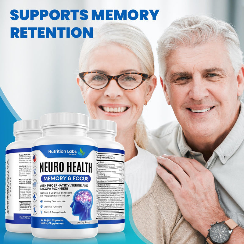 Nootropic & Neuro Brain Supplement for Memory & Focus Support. Clinically Tested Vitamins for Mental Support & Cognitive Clarity W/Bacopa Monnieri, VIT A, B6, Riboflavin, Niacin, Thiamin & Folate