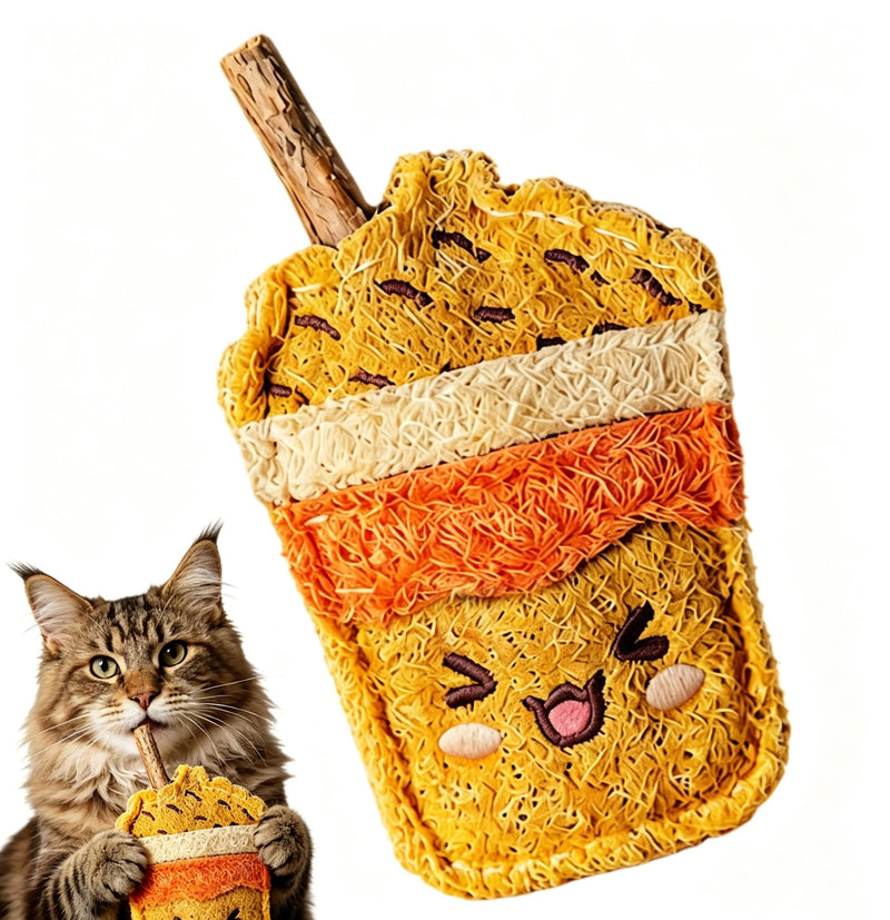 Natural Loofah Cat Chew Toy, Milk Tea Cup Shaped Catnip Silvervine Stick, Kitten Teething Chew Toy, Dental Care Interactive Toy, Safe Eco-Friendly Loofah Teething Toy for Indoor Cats Kittens, Brown