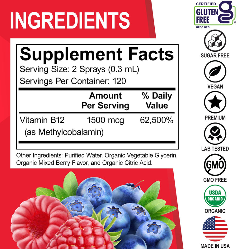 Vitamin B12 Liquid Spray Drops - Organic Liquid B12 Vitamins for Women, Men, Kids & Energy, Vegan Sublingual Methyl B 12 Spray Supplement - Organic Pure Methylcobalamin Vit B 12 Drops Vitamins 1 Fl Oz