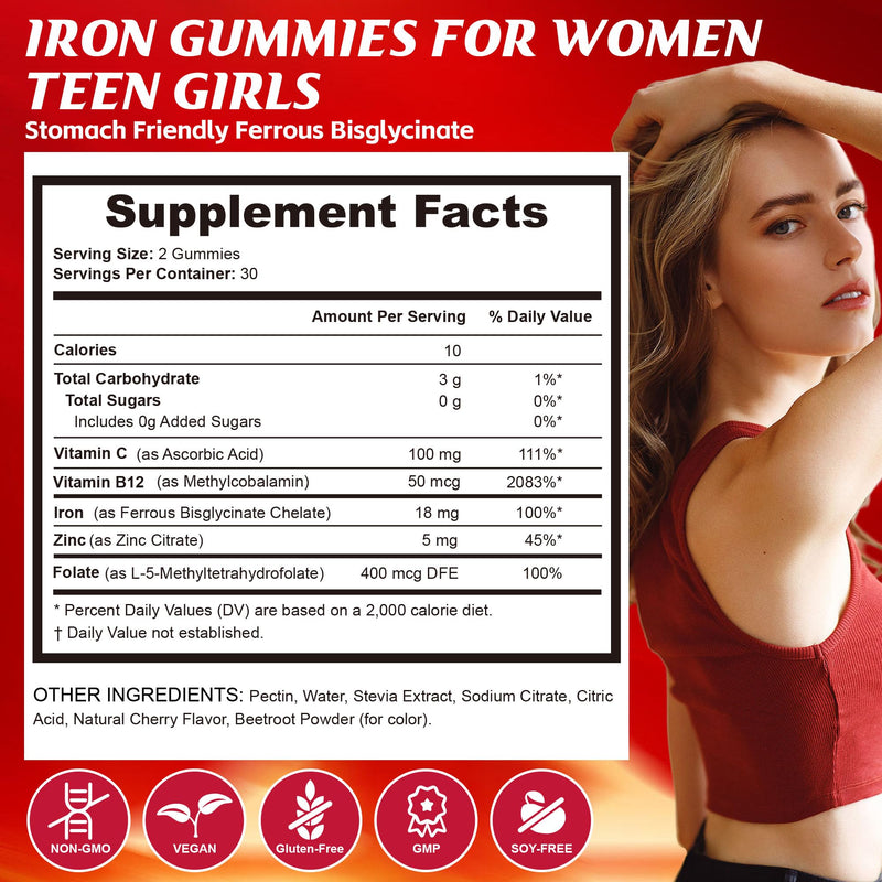 Iron Gummies Supplement for Teen Girls Women, Ferrous Bisglycinate, 60 Cts | Chewable Ferrous Bisglycinate Chelate with Vitamin C, Energy & Anemia Support, Gentle, Non-Constipating, Sugar Free