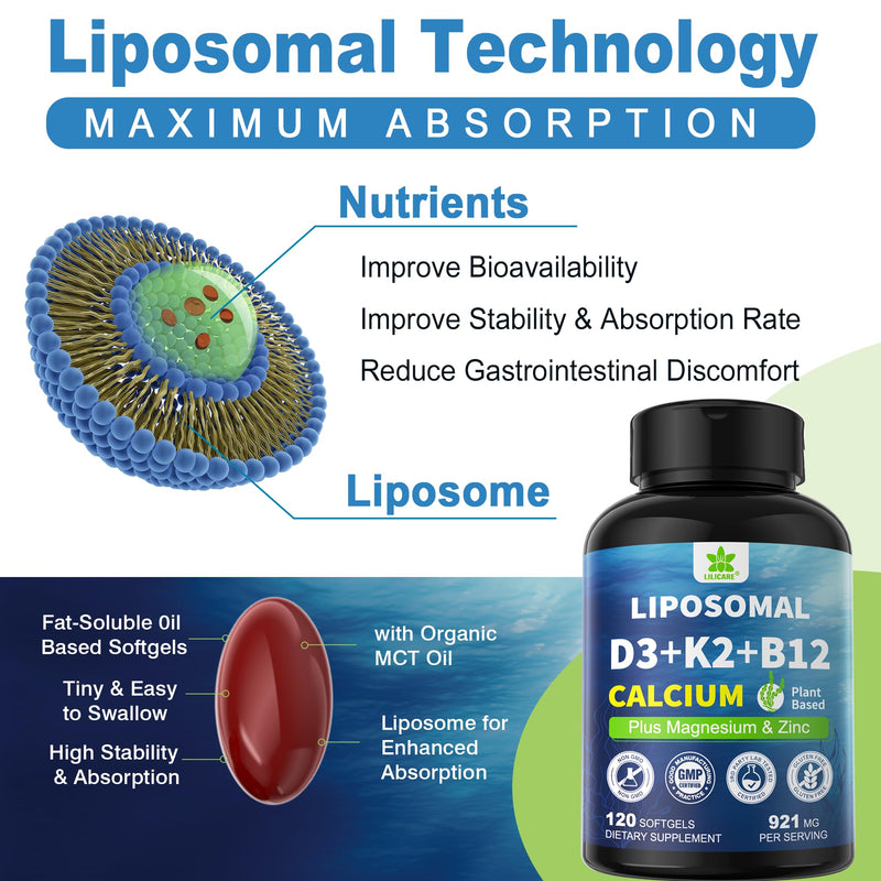 6-in-1 Liposomal Vitamin D3 K2 Calcium Supplement - Plant Based Calcium 600mg with Vegan Vitamin D3 5000 iu + Vitamin K K2 MK7 + B12, Algae Ca-lcium Magnesium Zinc for Bone, Softgels, 2 Pack 120 Count (Pack of 2)