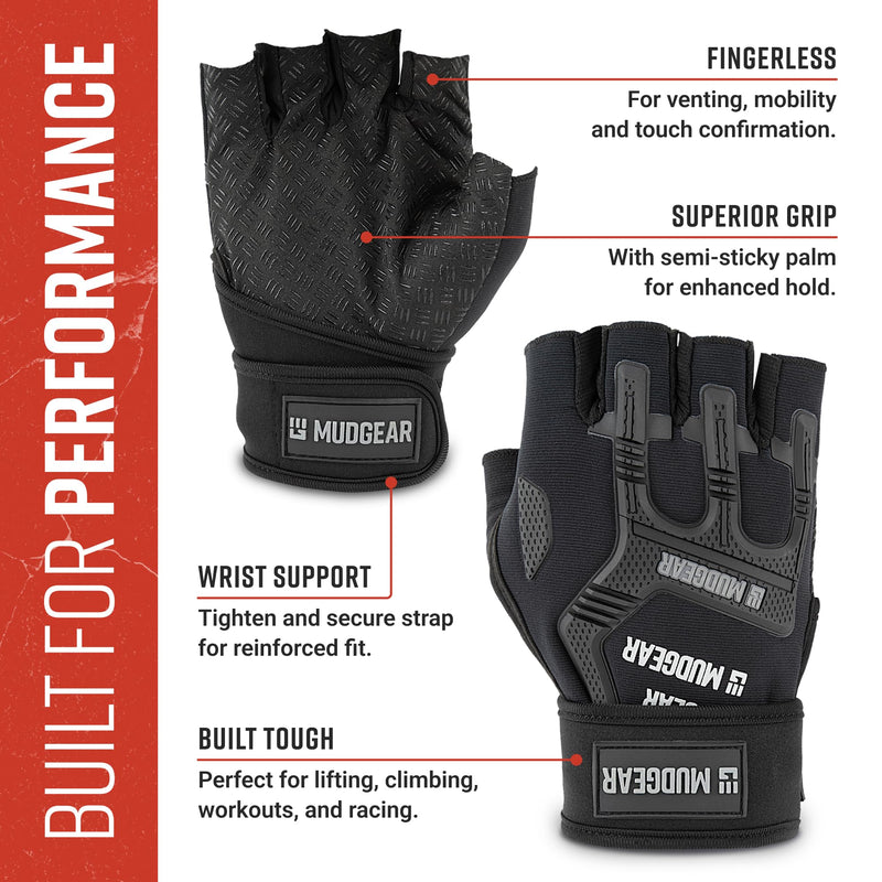 MudGear Gloves - Durable Fingerless Workout Gloves with Wrist Support for Obstacle Races and Fitness Training, Improves Grip, Protects Hands, Boosts Performance Black Large