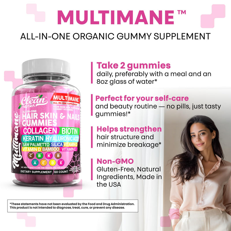 Clean Nutraceuticals Biotin Collagen Keratin Gummies | Hair Skin and Nails Vitamins for Women | Hyaluronic Acid Bamboo Vitamin A C D3 E Folate with Saw Palmetto Silica B3 B12 Vegan Gummy 2