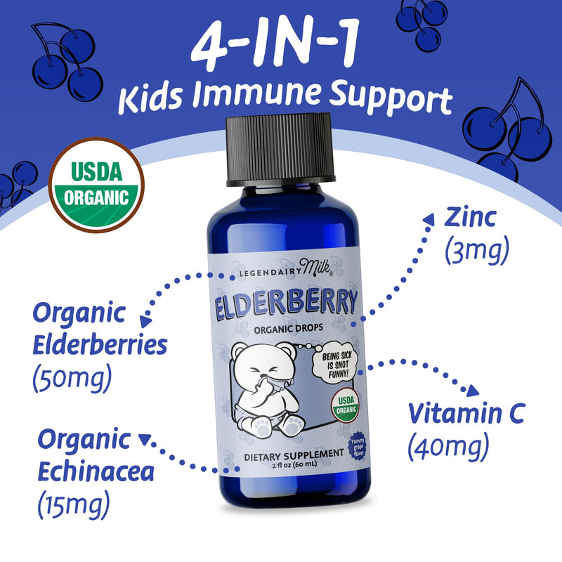 Legendairy Milk Organic Baby Elderberry Syrup Drops, Vitamin C & Zinc 2oz | Sugar-free multivitamin drops with Echinacea support daily immune health for babies 6 months+. Mixes easily with food