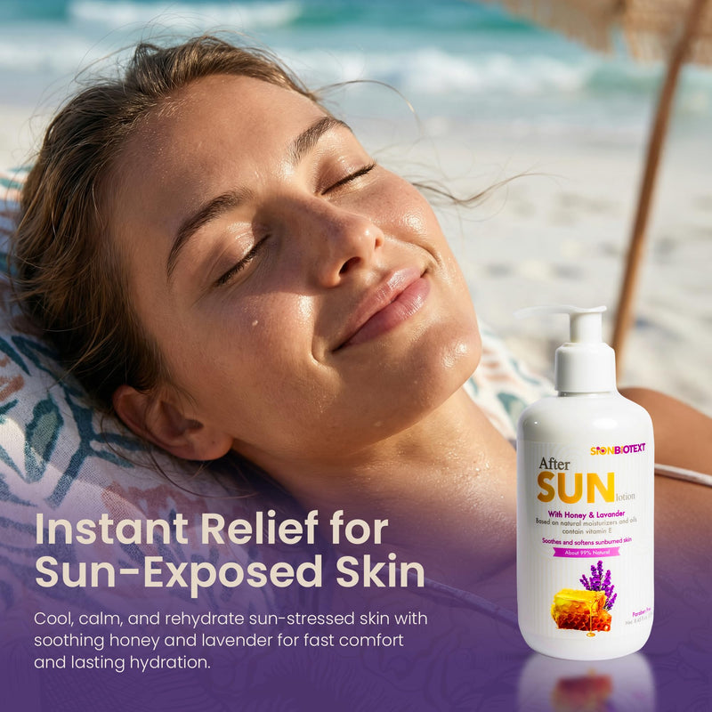 After Sun Lotion with Honey & Lavender – Hydrating & Soothing Moisturizer for Sunburned Skin – Natural Aloe Vera, Vitamin E & Jojoba Oil – Paraben-Free – 8.45 fl. oz (250ml)