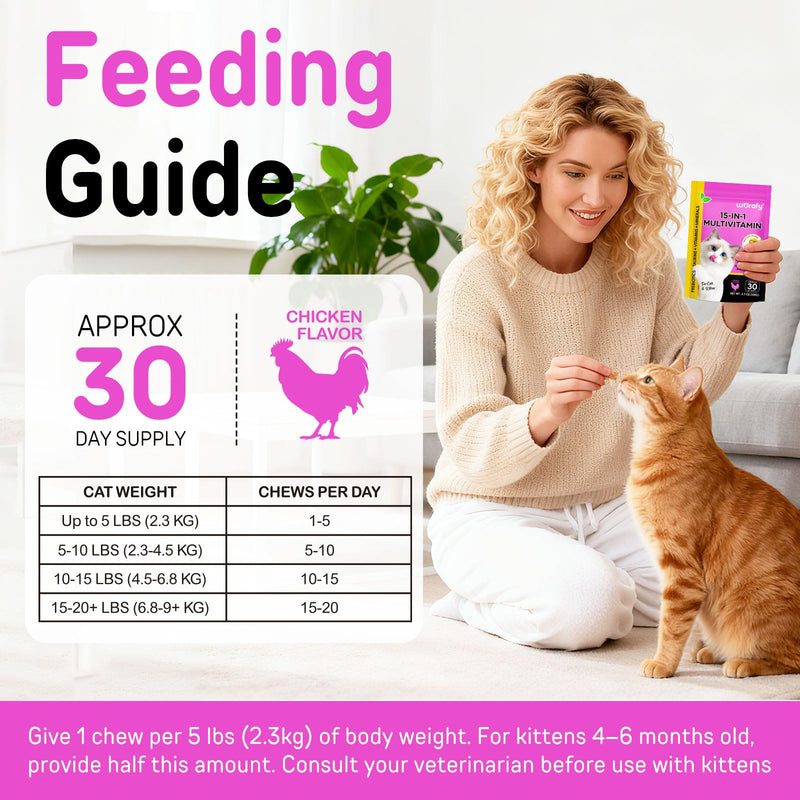 Cat Vitamins with Taurine, 15-in-1 Multivitamin Chews with Omega-3s & Prebiotics, Taurine for Immune, Heart & Joint Health, Supports Skin, Coat & Digestion, Cat Grass Treats for Cats & Kittens