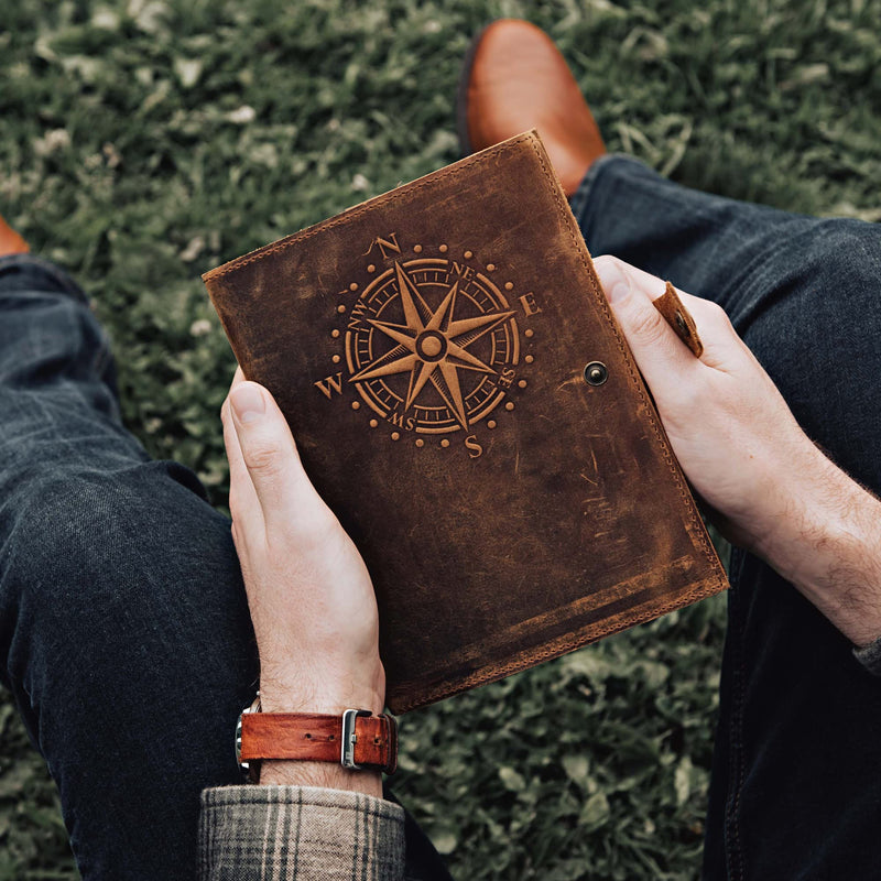 Travel Journal Series by Modest Goods - Refillable Leather Cover and A5 Notebook - Travel Accessories for Men & Women - Great for Traveler Adventure Journal, Vacation Scrapbook, Planner (Compass) Compass