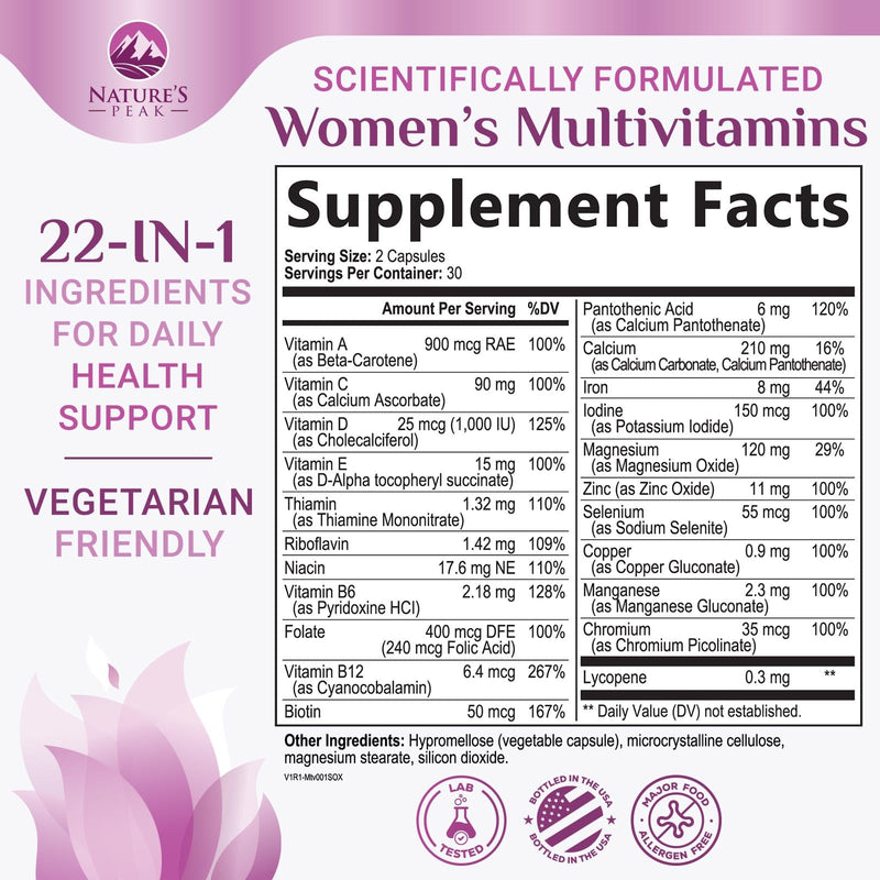 Multivitamin for Women - Once Daily Vitamins for Woman with Biotin, Calcium, Folate, Vitamin A, C, D, E, B Vitamins & Iron - Complete Multi Vitamins for Bone, Energy & Immune Support - 60 Capsules 60 Count (Pack of 1)