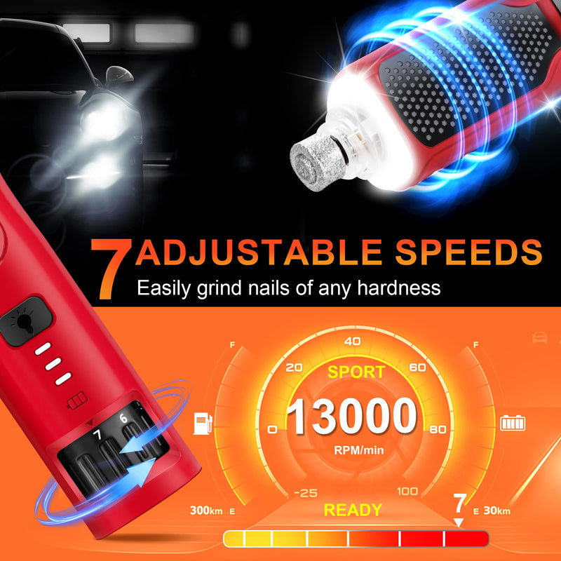 Dog Nail Grinder, 7-Speed with 360°LED Lights,Type-C Rechargeable Super Quiet and Low Vibration Electric, Dog Nail Trimmers for Large Medium Small Pets Cats Paws Grooming (Red) Red - BeesActive Australia