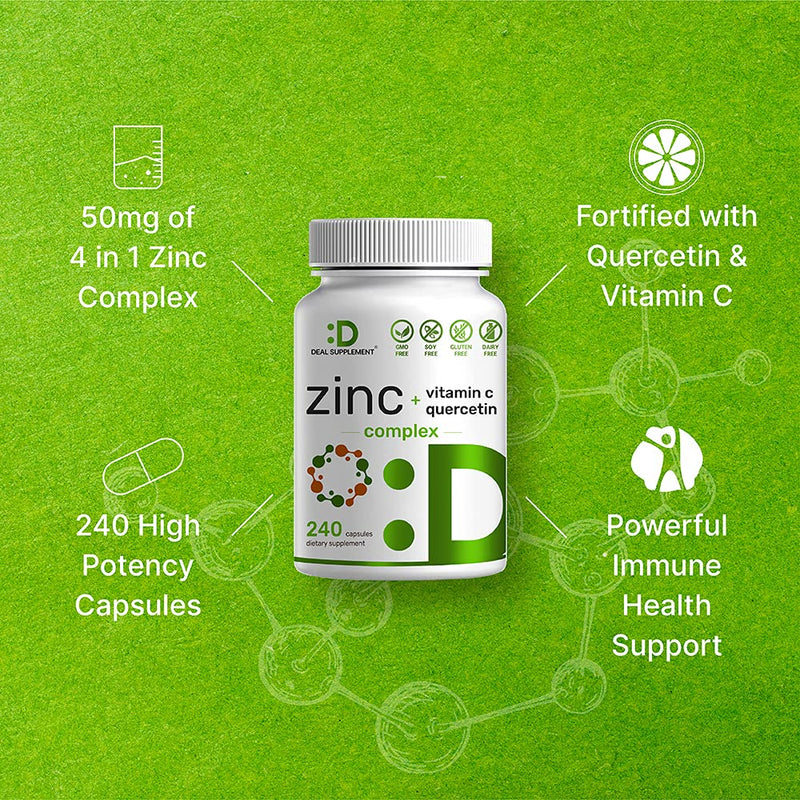 Zinc + Quercetin 500mg with Vitamin C, 240 Capsules, 4-1 Zinc 50mg Complex with 95% Quercetin Supplement for Ultimate Immune Support - Premium Quercetin with Zinc, 4 Months Supply - BeesActive Australia