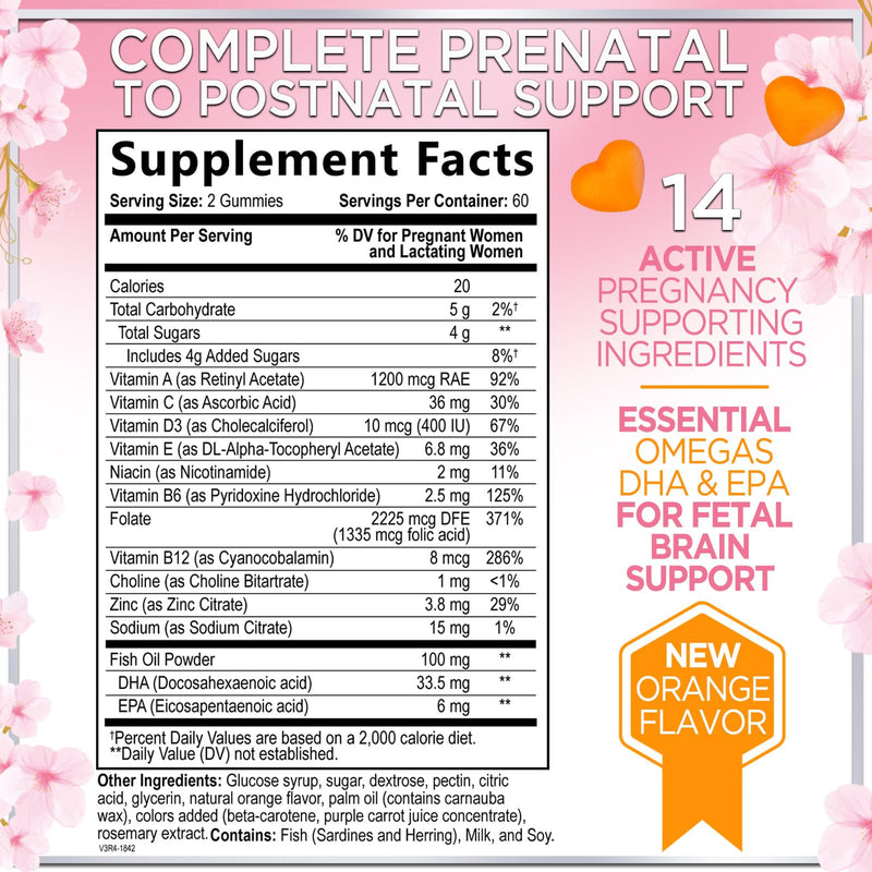 Prenatal Vitamins for Women – Complete Pregnancy Multivitamin - Folic Acid, Omega 3 DHA, Choline, Vitamin D – Essential Support for Mom's & Baby Brain Development - Tasty Orange Flavor - 120 Gummies 120 Count (Pack of 1)