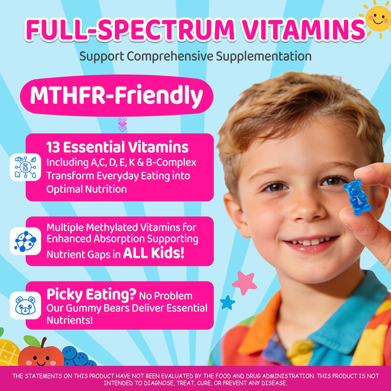 Kids Methylated Multivitamin - MTHFR Multivitamin for Kids & Teens 4+, L Methylfolate & B12, 13 Vitamins, Vegan Omega-3, Zinc, Probiotics & Elderberry, Immune Support, Brain Health, Sugar-Free 1 Pack