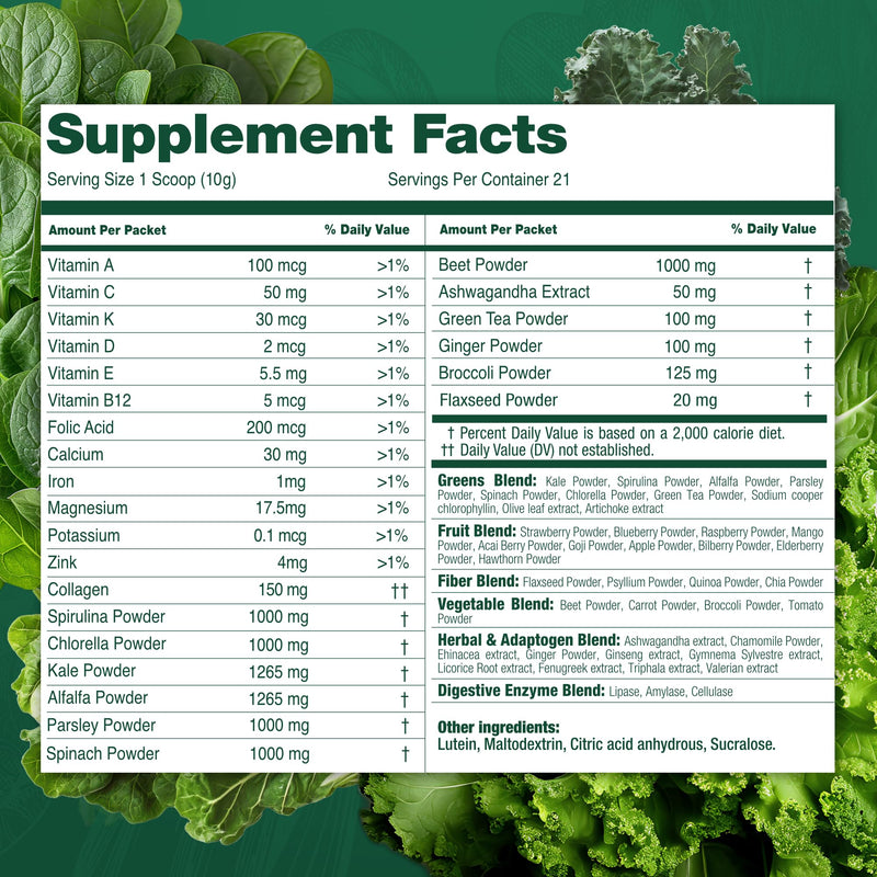 Total Tea Super Greens Powder Original Spirulina Chlorella Vegan Superfood | 21 Servings Fruits Vegetables Vitamins Antioxidant Energy Green Drink Powder for Smoothies Unflavoured