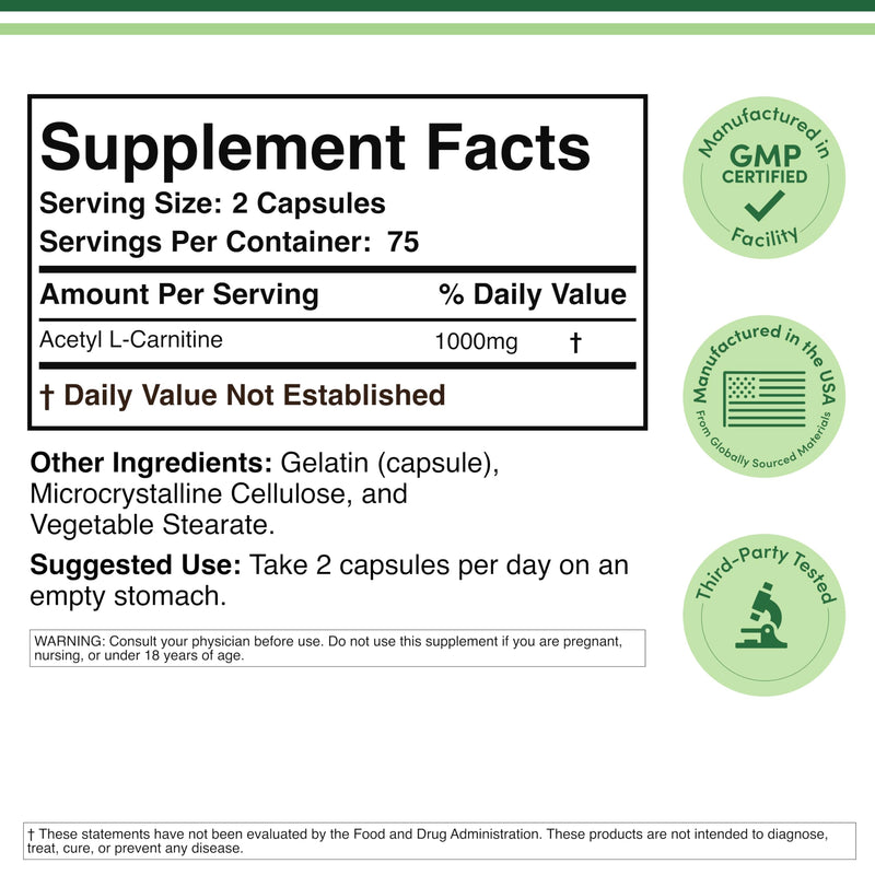 Acetyl L-Carnitine 1,000mg Per Serving, 150 Capsules (ALCAR for Brain Function Support, Memory, Attention, and Stamina) Acetyl L Carnitine that is Third Party Tested by Double Wood (Pack of 2) 150 Count (Pack of 2)