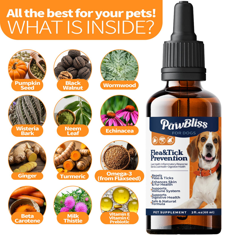 Flea and Tick Prevention for Dogs, Pets Oral Natural Supplement Drops with Multivitamin Care for All Breeds