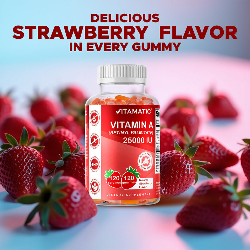 Vitamatic Sugar Free Vitamin A 25000 IU Gummies (Retinyl Palmitate) - Natural Strawberry Flavor - 120 Pectin Based Gummies (2 Bottles) | Sugar Free, High Potency Vitamin A Support, Natural Strawberry Flavor, Pectin Based, Non GMO, Gluten Free