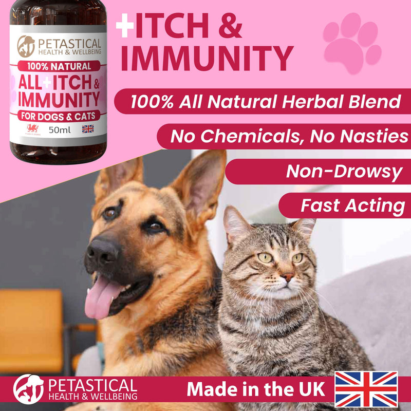 Itch and Immunity, Natural Liquid Supplement Drops for Dogs Cats, Skin, Eyes, Ears, Paws, Licking, No Nasties, Made in UK (50ml)