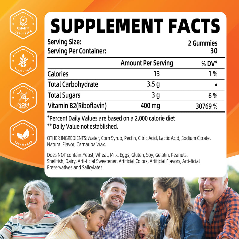 Vitamin B2 Gummies, Riboflavin 400mg, B2 Vitamins 400mg | Chewable for Adults and Kids，Migraine Relief & Energy and Nervous System Support, Non GMO, Vegan - 60 Counts 1