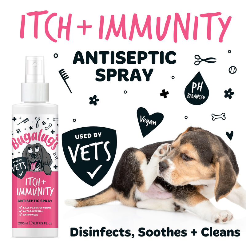 BUGALUGS Itch & Immunity Antiseptic Spray – Helps Soothe Itchy Skin, Paws, Ears - Licking, Scratching - Perfect for Small, Medium & Large Dogs