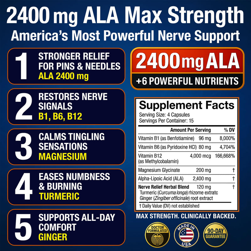 Nerve Relief Neuropathy Sciatica Support Supplement with 2400 mg Alpha Lipoic Acid to Reduce Nerve Discomfort in Feet Hands Toes – 2400mg ALA, Vitamins B12 B6 & B1, Magnesium, Turmeric – 60 Capsules White-radiant