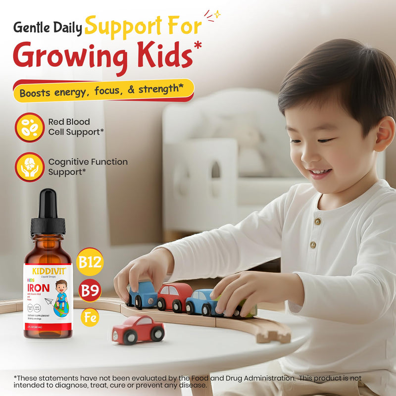 Iron Kids Liquid Drops with Vitamin B12 & Folate – 30 Daily Servings, 2 FL OZ (60 mL) – Gentle Formula, Sugar Free, Gluten Free, Vegetarian