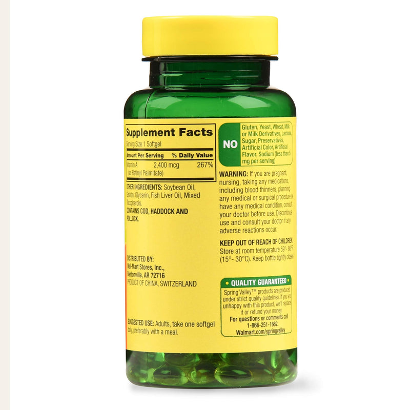 Spring Valley Vitamin A Softgels, 2400mcg, 250 Count - BeesActive Australia