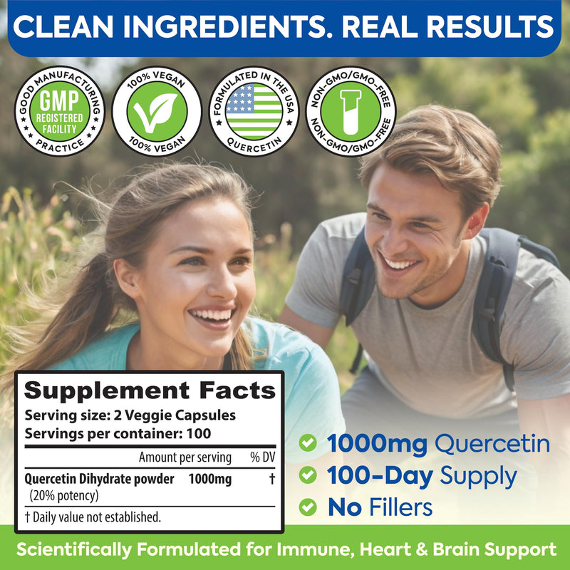 Quercetin 1000mg - 200 Capsules, Immune Support & Antioxidant Supplement | Seasonal Sinus & Respiratory Relief, Cardiovascular Health, No Bromelain, Immune Support, 100-Day Supply for Men & Women 200 Count (Pack of 1)