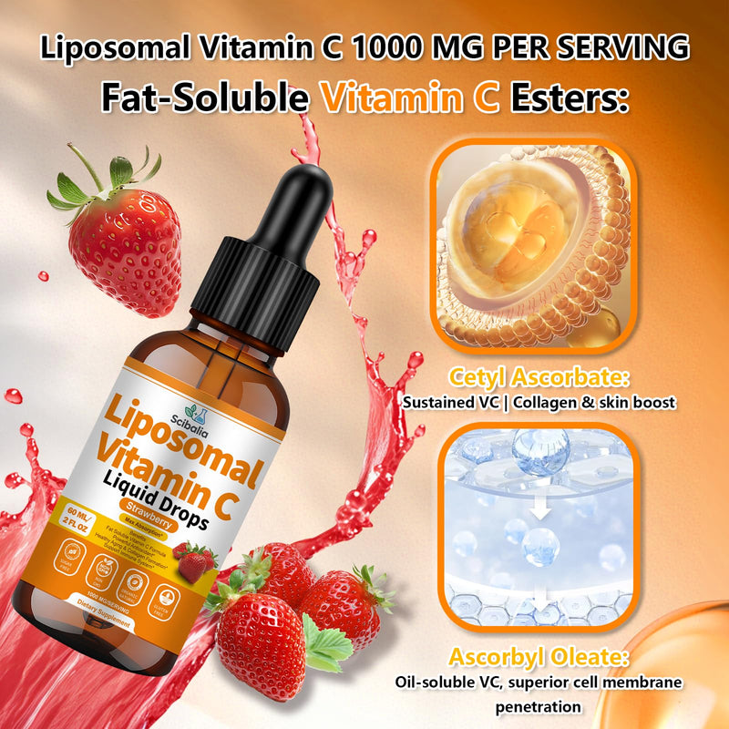 2 Pack Liposomal Vitamin C 1000mg Drops, Liquid Vitamin C Formula | High Potency 6-in-1 Fat Soluble VIT C w. Zinc Elderberry Glutathione Niacin, Immune Support Antioxidant Collagen Production Strawberry 2 Fl Oz (Pack of 2)