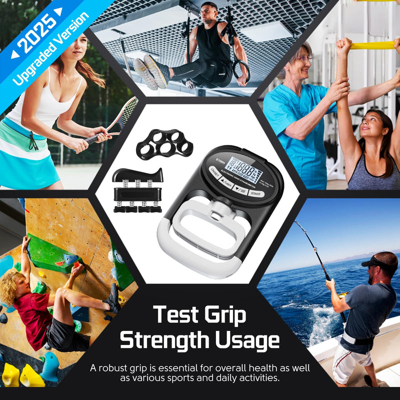 Grip Strength Tester Hand Dynamometer - Grip Strength Trainer Electronic Hand Gripper Strengthener Wrist Exerciser Meter Digital Training Gauge 265 Lbs / 120 Kgs for Sport School Home Use Black