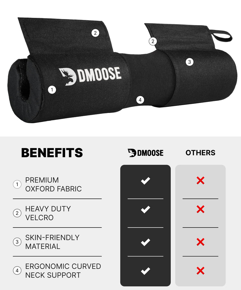 DMoose Fitness Barbell Pad for Hip Thrust, Squat & Lunges - Non-Slip Thick Foam Cushion for Neck and Back Support with Two Straps - Hip Thrust Pad for Leg Day - Fits All Olympic Bars and Smith Machine Black with Fabric Cover