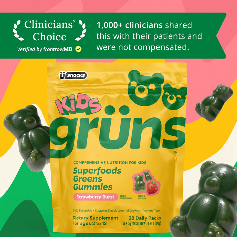 Gruns Kids Multivitamin Kids Greens Gummies, 28 ct | Daily Supplement with Vitamins, Minerals, Adaptogens, and Prebiotic Fiber Low Sugar