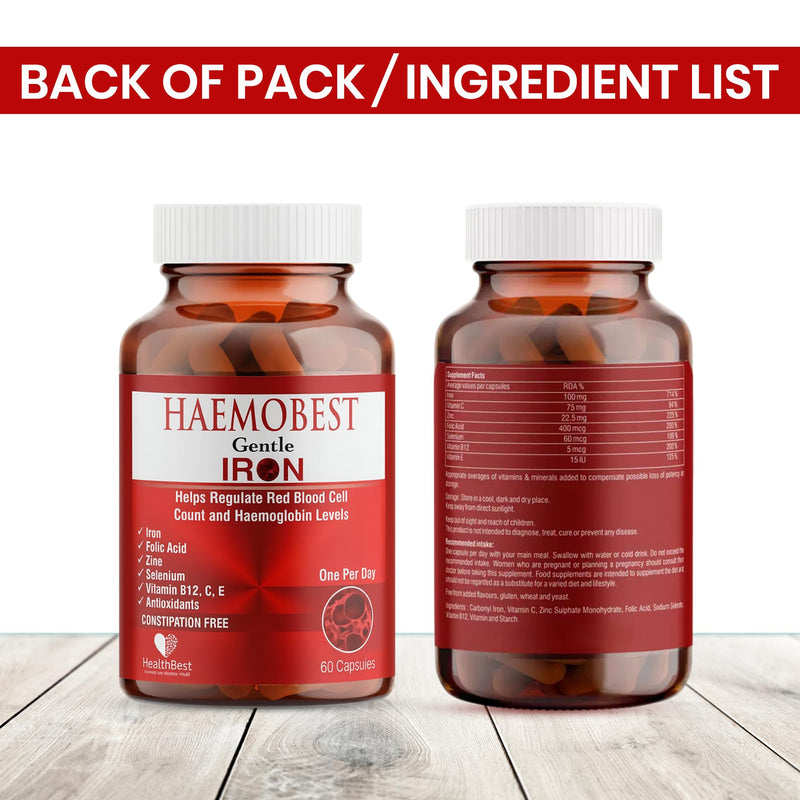 HealthBest High Potency Iron Capsules 19mg, Gentle, 60 Count | Faster Absorption, Non Constipating, Vitamin C, B12, Folate, Zinc & Selenium, Anemia, Hemoglobin & Immune Support, 60 Count Iron Capsule Haemobest