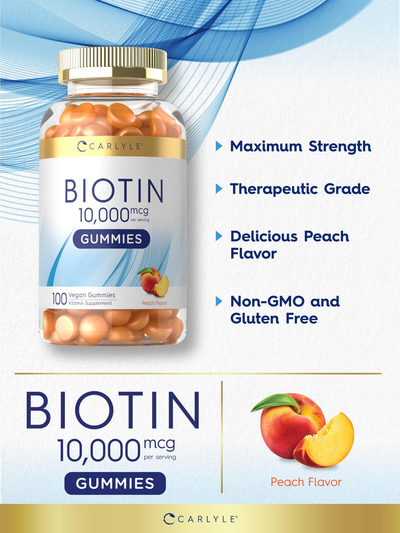 Carlyle Biotin 10000mcg Gummies | 100 Count | Peach Flavor Supplement | Vegan, Non-GMO, Gluten Free 100 Count (Pack of 1)