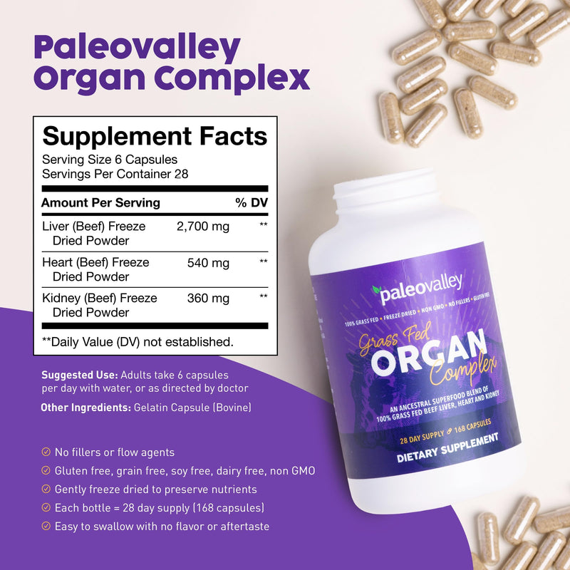Paleovalley 100% Grass Fed Organ Complex, Beef Liver, Heart and Kidney | Whole Food Multivitamin, Vitamin B12 Supplement, Nutrient Dense Superfood, Freeze Dried, Pasture Raised, Ancestral Nutrition Beef Organ