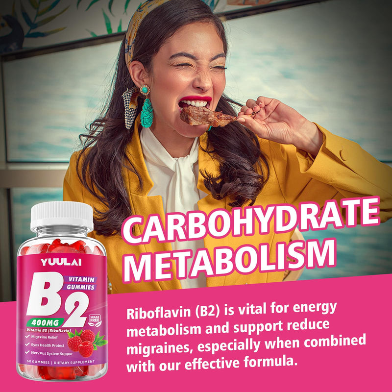 Vitamin B2 Gummies 400mg | Riboflavin Supplement with Magnesium for Kids & Adults, B2 Gummies for Migraine Relief, Nervous System & Skin Health, Vegan, Sugar-Free, Raspberry Flavor, 60 Count 60 Count (Pack of 1)