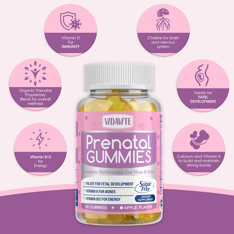 VIDAVITE Sugar Free Prenatal Gummies — Vegan Prenatal Vitamins for Women | US-Made, 30+ Nutrients (Choline, Folate, Iron, Vitamin) for Fetal and Neural Support, Energy Boost & Immunity (60 Gummies)