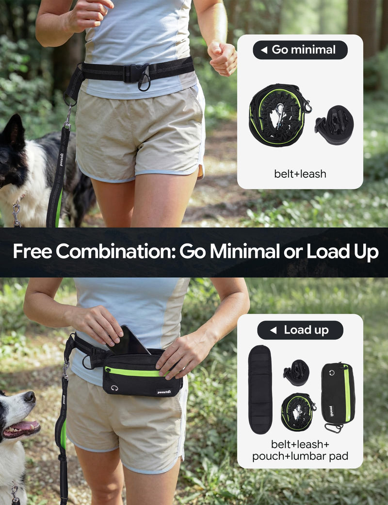 Dog Leash Hands Free, Waist Leash for Dog Walking with Pouch Removable| Shock Absorbing Bungee| Thickened Lumbar pad & Comfortable Dual Handles| Dog Running and Training,for 33-120lbs Dogs Large Black