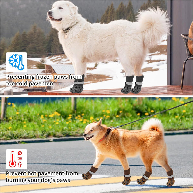 Double Side Non Slip Dog Socks to Prevent Licking Paws, Dog Shoes for Winter Cold Hot Pavement Dog Booties, Night Reflection Paw Protectors for Hardwood Floors Traction Control Indoor 4 pack of Black Socks with Leopard anti-slip strip - BeesActive Australia